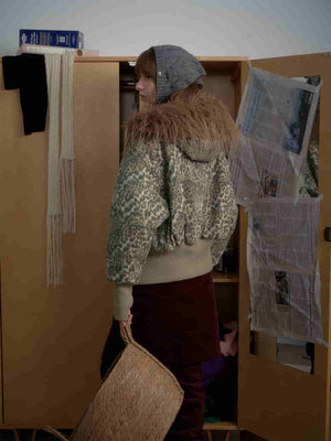 Retro Cheetah Fur Collar Cotton Jacket - thumbnail 3