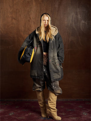 Distressed Graffiti Washed Long Lamb Fleece Denim Cotton Jacket - thumbnail 5