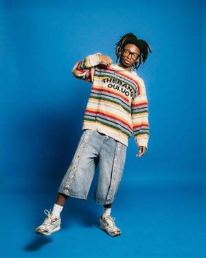 Fuzzy striped sweater – on model, studio full body | XoKool
