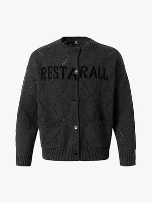 Retro Diamond Check Hollow Knit Cardigan Sweater - thumbnail 1