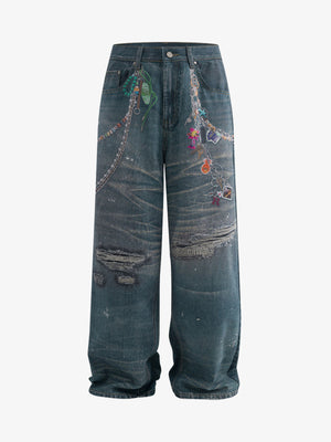 Ripped Baggy Jeans with Charm Print – flat front | XoKool