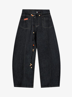 Black Barrel Jeans with Beaded Cord – Black, front view | XoKool