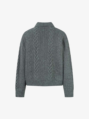 Knitted Vintage Floral Wheat Ear Pattern Double Zip Sweater - thumbnail 4
