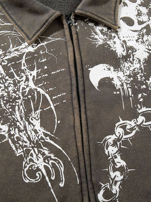 Retro Dark Skull Cross Print Lapel Zipper Jacket - thumbnail 9
