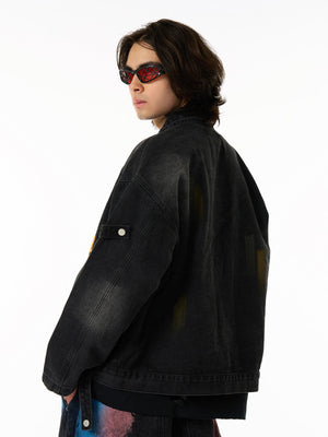 Retro Street Floral Embroidery Washed Zipper Denim Jacket - thumbnail 11