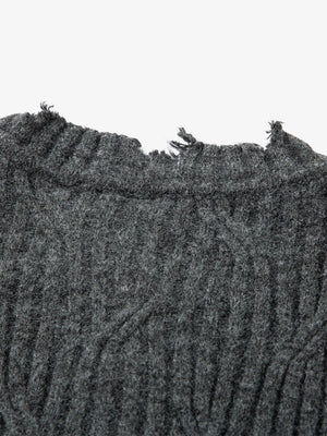 Knitted Distressed Diamond Pattern Raw Edge Sweater - thumbnail 6