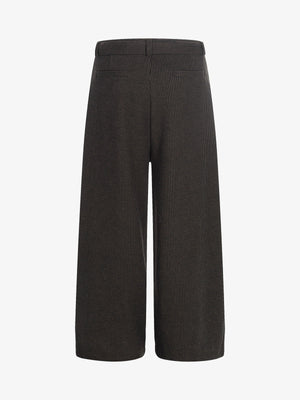 Pantalones plisados de canalé fino con cinturón para atar – café, vista trasera plana | XoKool