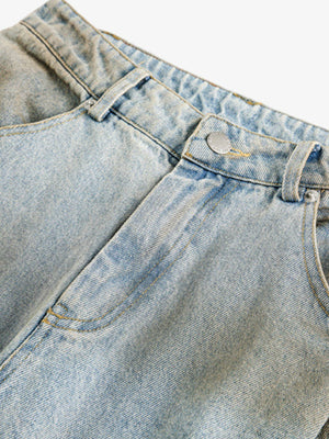 Light Wash Barrel Jeans with Dirty Spray Tint – waist close-up | XoKool