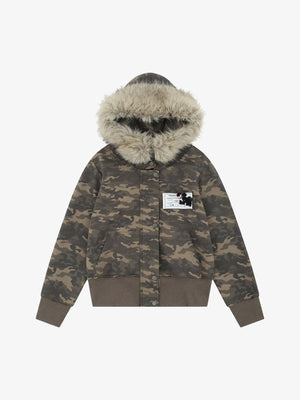 Camouflage Cardigan Utility Zip Up Fur Hooded Jacket - thumbnail 1