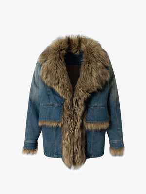 Street Retro Fur Patchwork Washed Denim Cotton Jacket - thumbnail 1