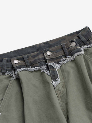 Olive Ripped Carpenter Jeans with Camo Waistband – camo waistband close-up | XoKool