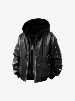 Retro Distressed Washed PU Leather Cotton Jacket - thumbnail 2