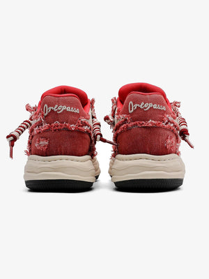 Red denim sneakers – pair, back view | XoKool