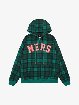 Retro Plaid Patch Embroidered Cardigan Hooded Sweatshirt - thumbnail 1