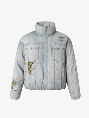 Street Illusion Denim Print Stand Collar Padded Cotton Jacket - thumbnail 1