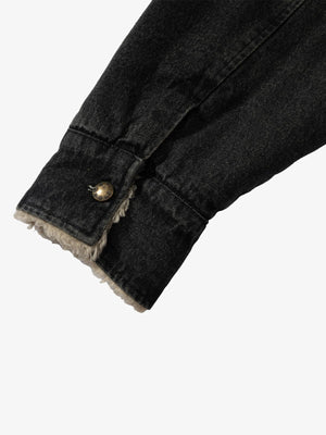 Distressed Graffiti Washed Long Lamb Fleece Denim Cotton Jacket - thumbnail 12
