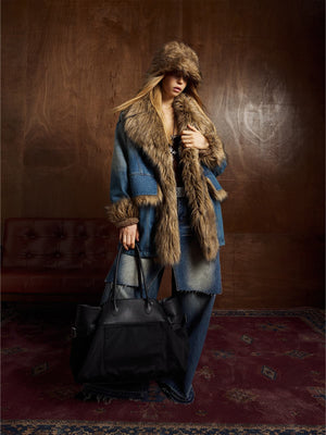 Street Retro Fur Patchwork Washed Denim Cotton Jacket - thumbnail 7