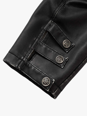 Skull Print Paneled Stand-Up Collar Leather Jacket - thumbnail 9