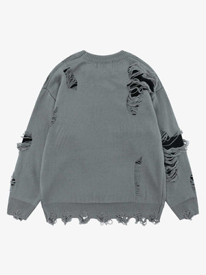High Street Ripped Raw Edge Knitted Letter Jacquard Sweater - thumbnail 4