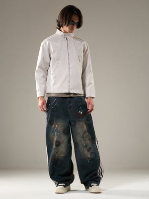 Deconstructed Split Stand Collar PU Leather Jacket - thumbnail 7