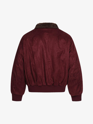 Faux Suede Bomber Jacket with Fur Collar – Wine Red, back flat | XoKool