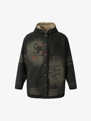 Distressed Graffiti Washed Long Lamb Fleece Denim Cotton Jacket - thumbnail 1