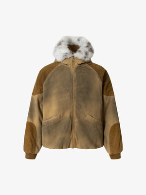 Street Vintage Fog-Dyed Fur Collar Patchwork Hooded Padded Jacket - thumbnail 1