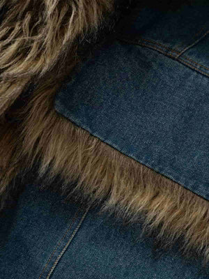 Street Retro Fur Patchwork Washed Denim Cotton Jacket - thumbnail 14