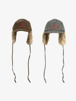 Retro Tweed Plush Earflap Embroidered Letter Cap - thumbnail 3