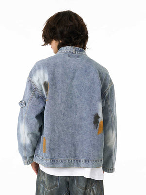Retro Street Floral Embroidery Washed Zipper Denim Jacket - thumbnail 8