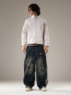 Deconstructed Split Stand Collar PU Leather Jacket - thumbnail 8