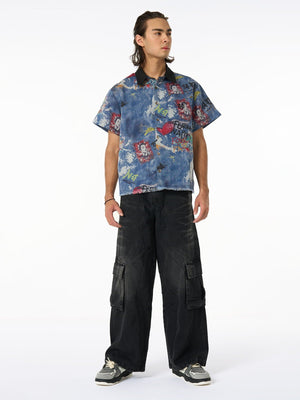 Graffiti denim shirt – on model, full body front | XoKool