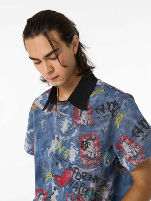 Short Sleeve Graffiti Print Denim Shirt – on model, chest close-up | XoKool