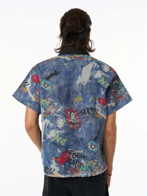Short Sleeve Graffiti Print Denim Shirt – on model, back | XoKool