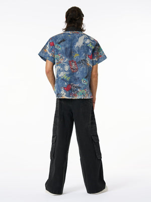 Graffiti denim shirt – on model, full body back | XoKool
