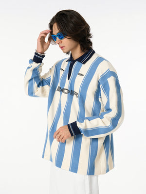 Retro Striped Polo Collar Sports Jersey Knit Sweater - thumbnail 5