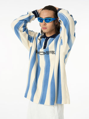 Retro Striped Polo Collar Sports Jersey Knit Sweater - thumbnail 6