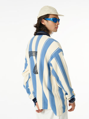 Retro Striped Polo Collar Sports Jersey Knit Sweater - thumbnail 7