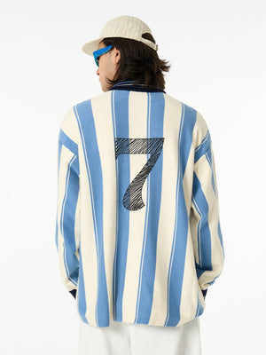 Retro Striped Polo Collar Sports Jersey Knit Sweater - thumbnail 8