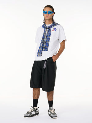 Plaid hood tee – on model, full length | XoKool
