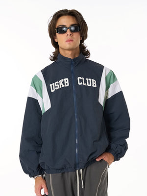 Color block windbreaker – Navy on model, front | XoKool