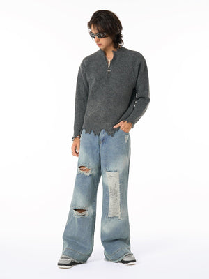 Distressed Quarter Zip Pullover – am Model, Ganzkörper | XoKool