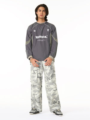 Grey camo cargo pants – on model, full body front | XoKool