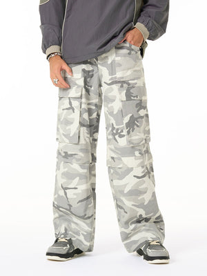 Grey Camo Wide Leg Cargo Pants – on model, front, legs | XoKool