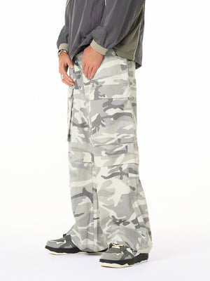 Grey Camo Wide Leg Cargo Pants – on model, side, legs | XoKool