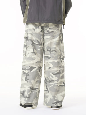 Grey Camo Wide Leg Cargo Pants – on model, back, legs | XoKool