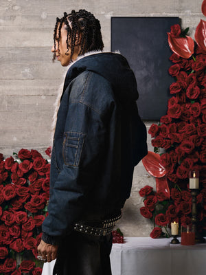 Hooded denim jacket – on model, side | XoKool