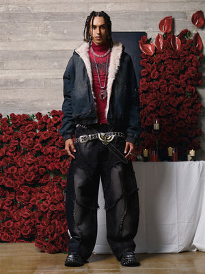 Hooded denim jacket – on model, full body front | XoKool