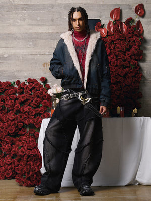 Hooded denim jacket – on model, full body | XoKool