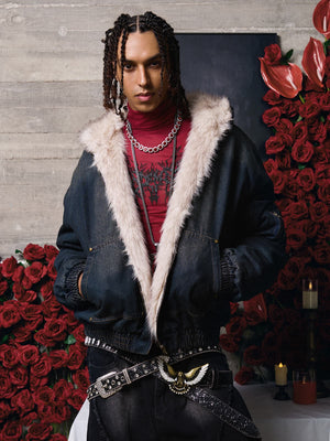 Hooded Denim Jacket with Faux Fur Lining – on model, front | XoKool